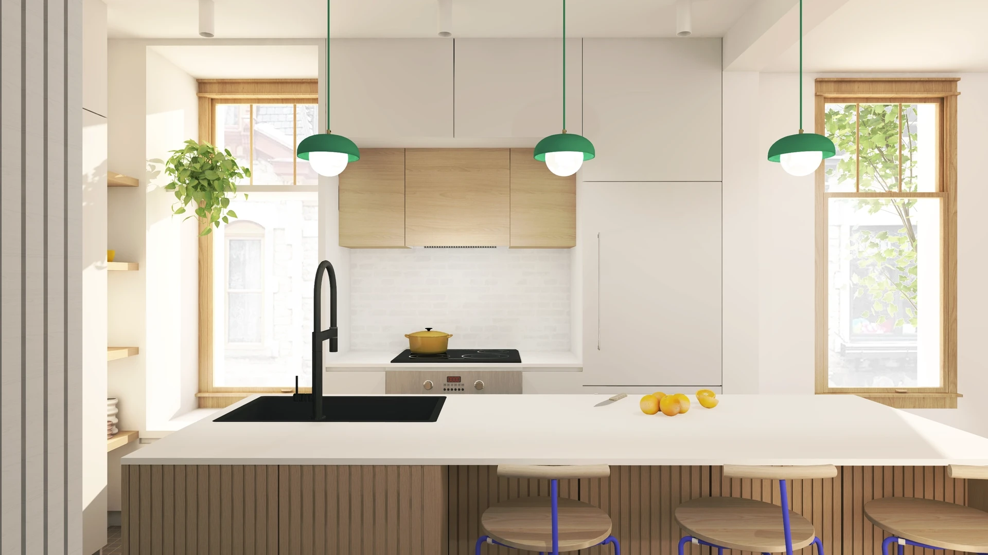 Cuisine moderne avec détail de bois et accent de couleur éclectique, armoires grises pâles
