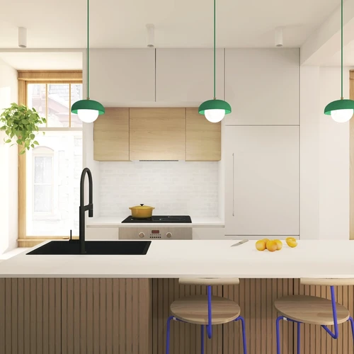 Cuisine moderne avec détail de bois et accent de couleur éclectique, armoires grises pâles