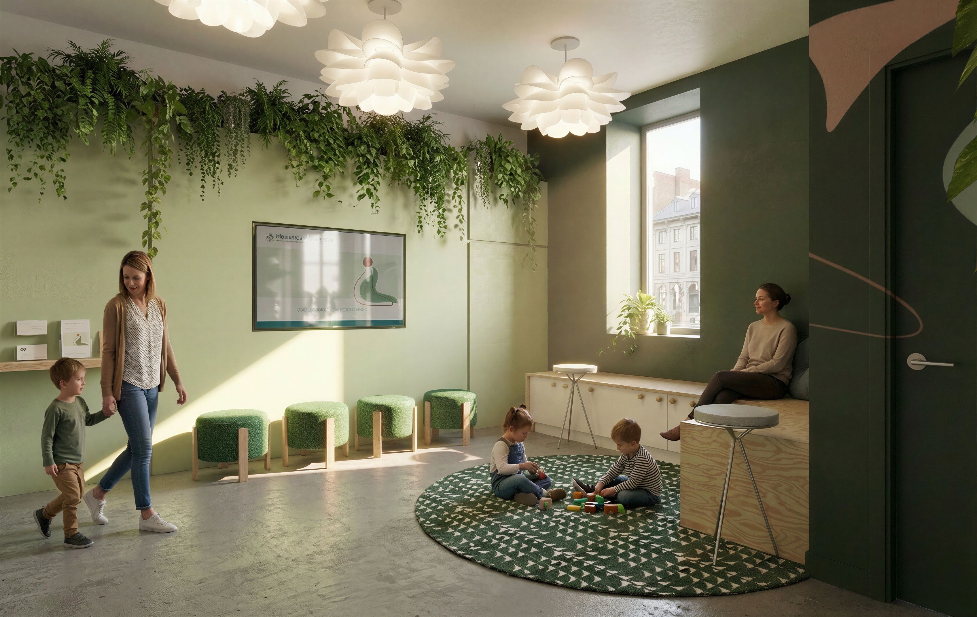 Accueil, biophilie, plante, mur vert pâle et foncé, mobilier bois et blanc, tapis vert