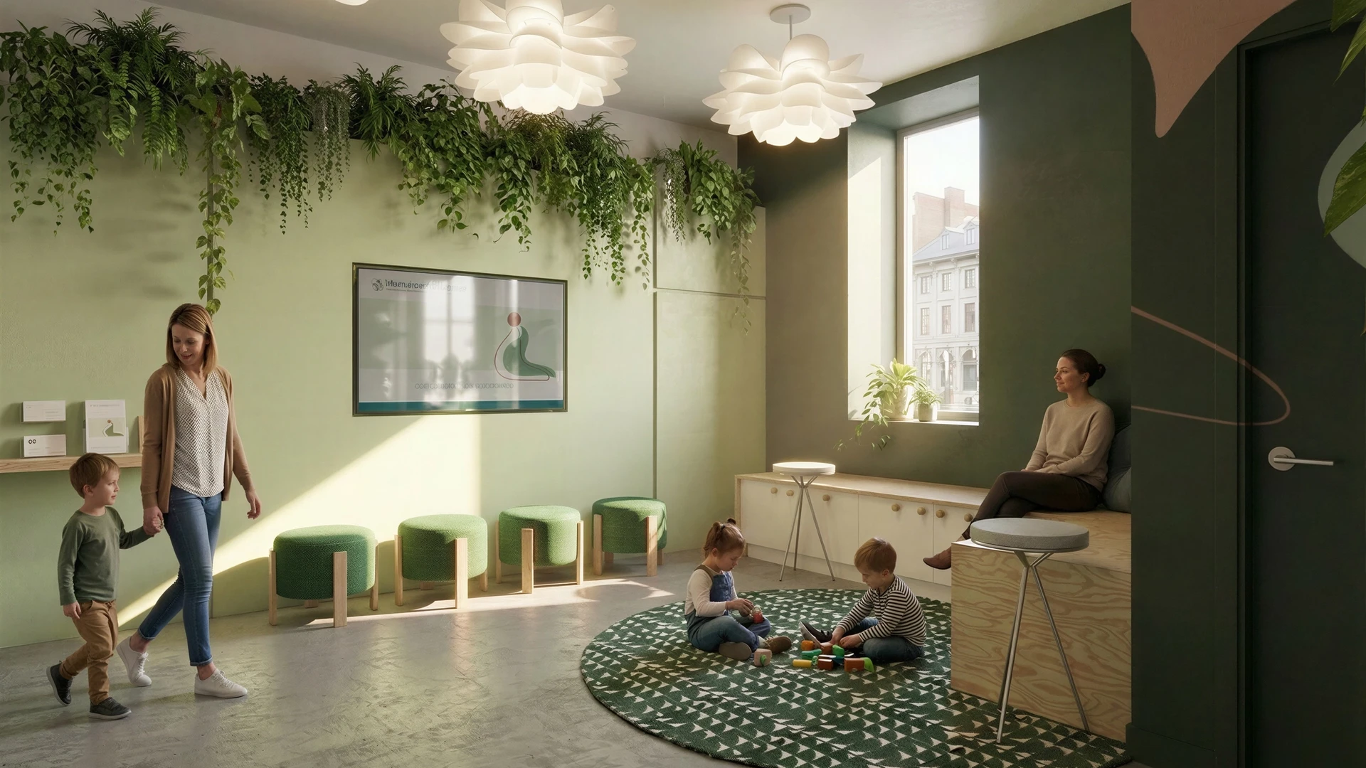 Accueil, biophilie, plante, mur vert pâle et foncé, mobilier bois et blanc, tapis vert, salle d'attente, dramathérapie, centre de thérapie