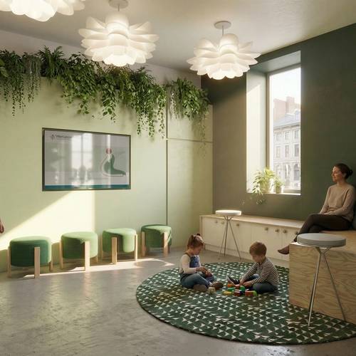 Accueil, biophilie, plante, mur vert pâle et foncé, mobilier bois et blanc, tapis vert
