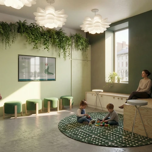 Accueil, biophilie, plante, mur vert pâle et foncé, mobilier bois et blanc, tapis vert, salle d'attente, dramathérapie, centre de thérapie