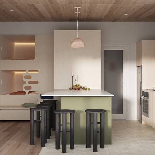 Cuisine verte et bois avec lit superposées avec accent de couleur rose pâle au dosseret et aux luminaires suspendus. Banc de bois noir