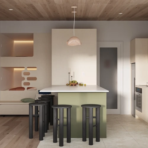 Cuisine verte et bois avec lit superposées avec accent de couleur rose pâle au dosseret et aux luminaires suspendus. Banc de bois noir