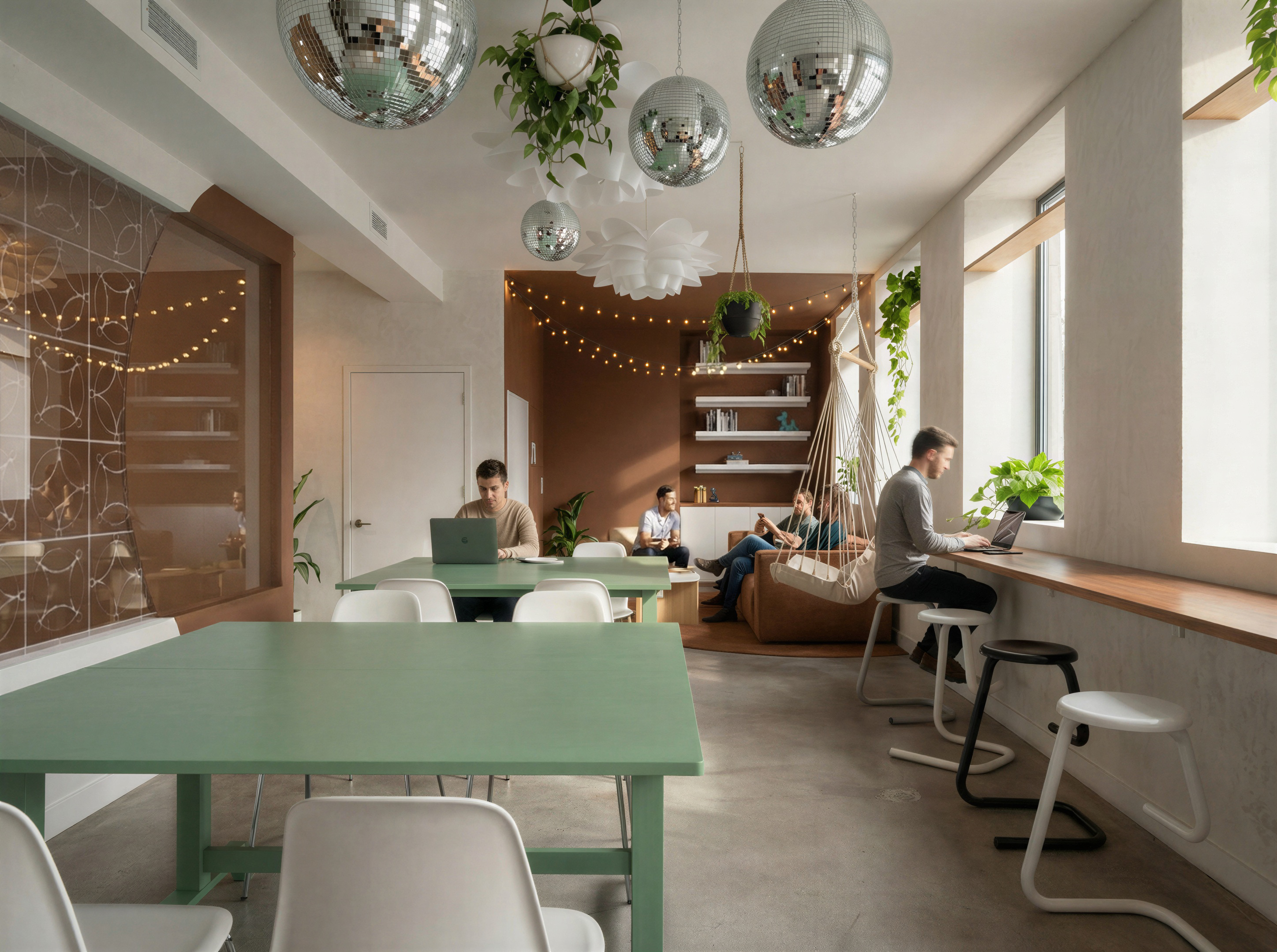 espace de coworking, tables, bureau, comptoir, sofas, terra cotta, blanc, vert, sol en béton, boule disco, éclairage seconde main.