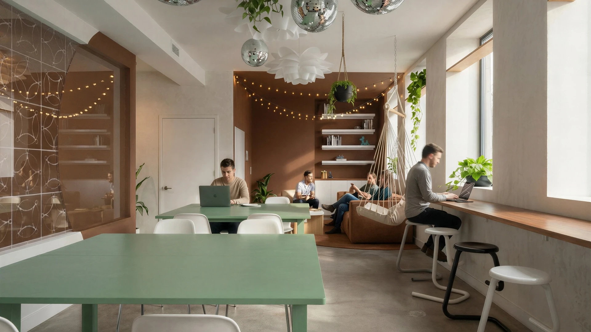 espace de coworking, tables, bureau, comptoir, sofas, terra cotta, blanc, vert, sol en béton, boule disco, éclairage seconde main.
