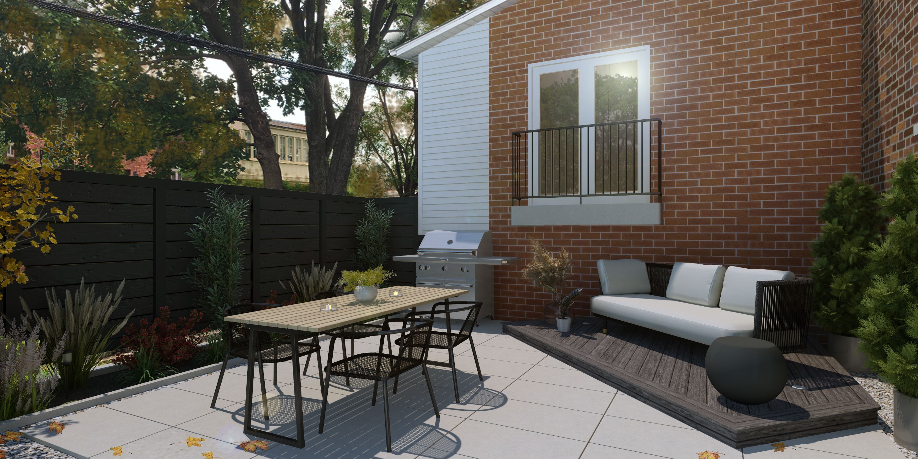 cour arrière avec aménagement paysager et mobilier extérieur