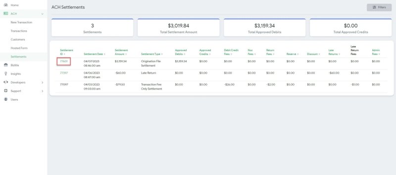 ACH Settlements page showing settlement totals and rows with settlement IDs, dates, types and fees