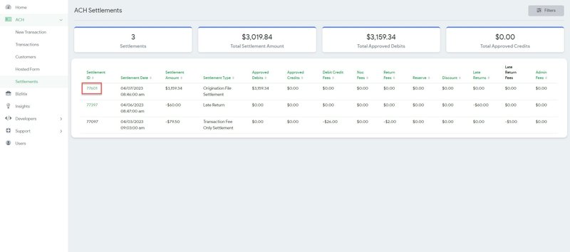 ACH Settlements page showing settlement totals and rows with settlement IDs, dates, types and fees