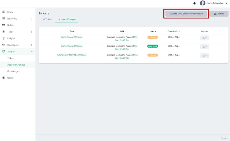Submitting an account change request