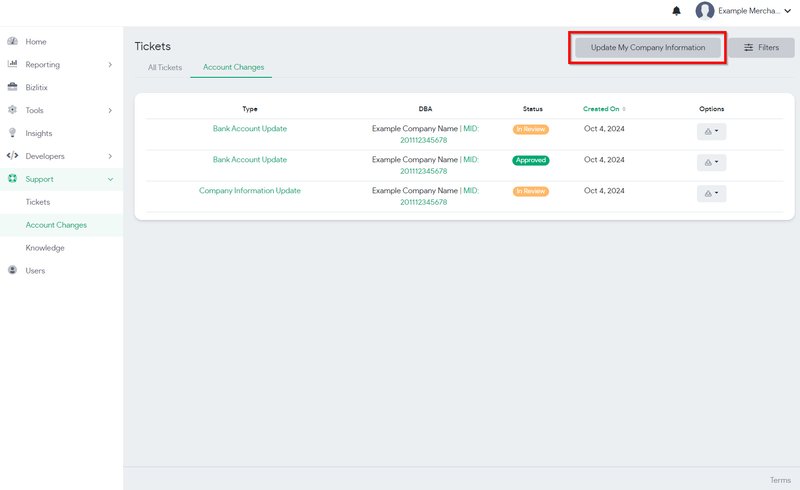 Submitting an account change request