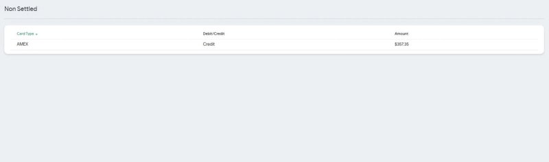 Non Settled detail showing card type, debit/credit and amount
