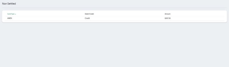 Non Settled detail showing card type, debit/credit and amount