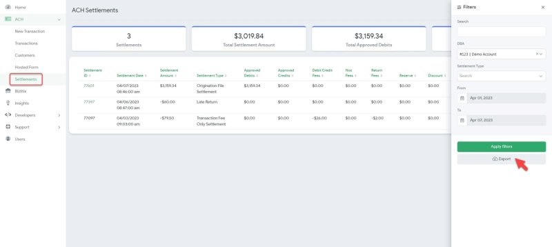 Filter button and date range selection