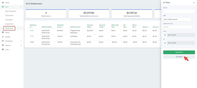 Filter button and date range selection