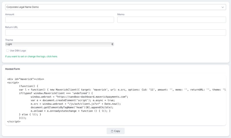 Hosted Form setup with company, amount, memo, return URL and theme options, and the generated embed code