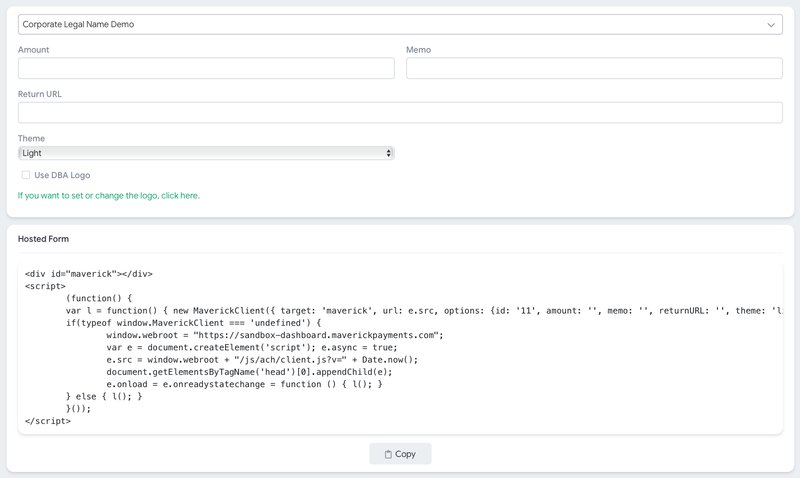 Hosted Form setup with company, amount, memo, return URL and theme options, and the generated embed code