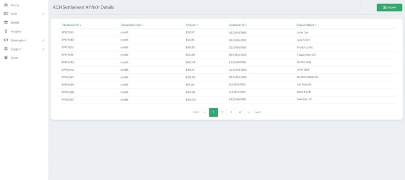 ACH Settlement details listing the individual transactions that make up the deposit