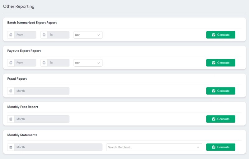 Other Reporting section with generate buttons for batch summarized export, payouts export, fraud, monthly fees, and monthly statements reports