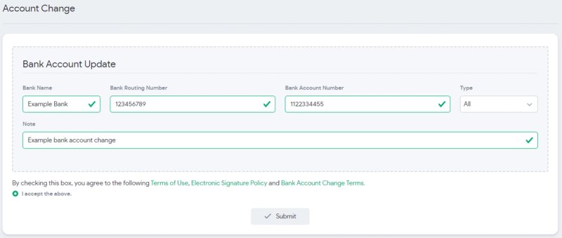 Bank account change form