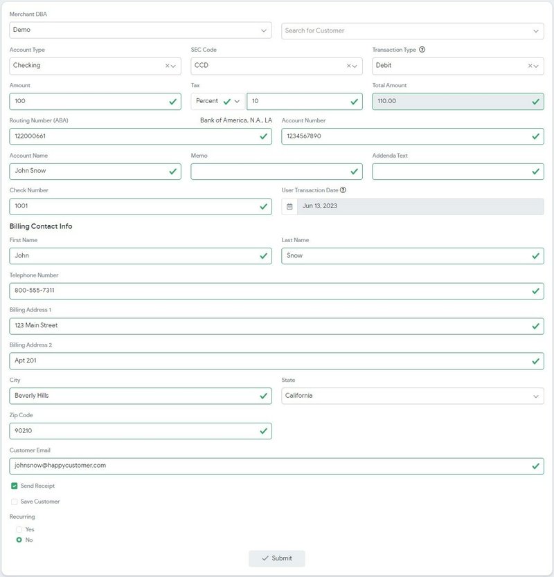 New Transaction form with account, routing, amount and billing contact fields