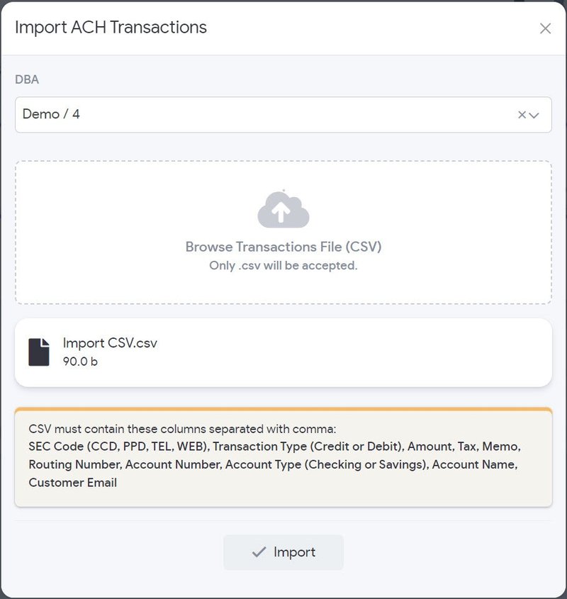 Import CSV option for bulk ACH upload