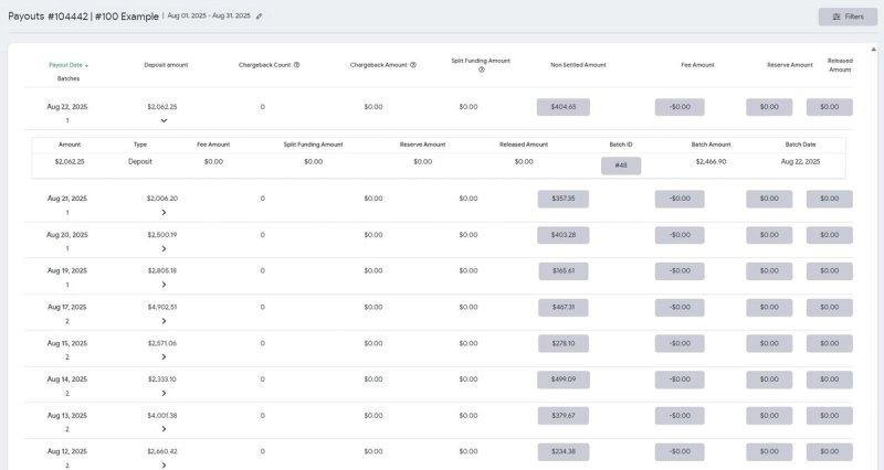Payouts report showing daily deposits with chargeback, fee, reserve and released amounts