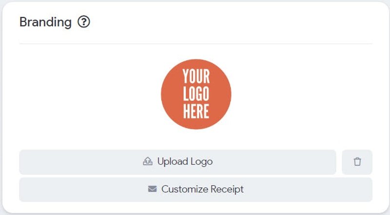 Branding panel with logo upload and Customize Receipt button