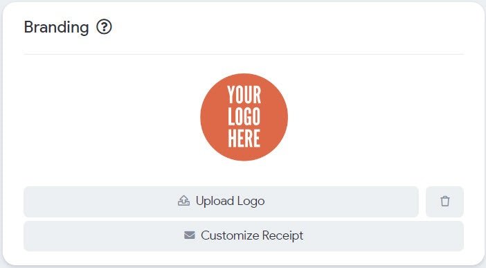 Branding panel with logo upload and Customize Receipt button