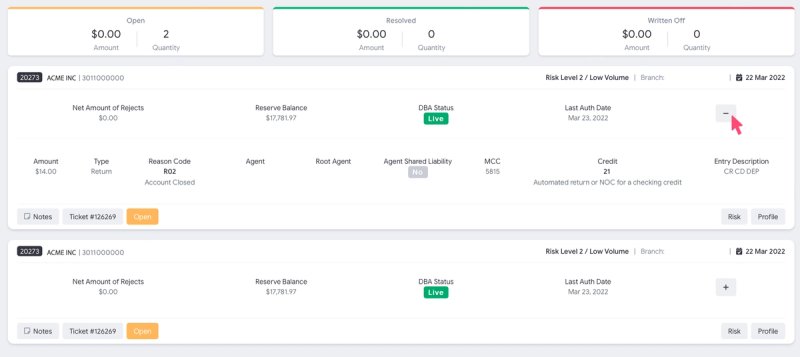 ACH Rejects page showing open, resolved and written-off totals with expanded reject details and ticket links