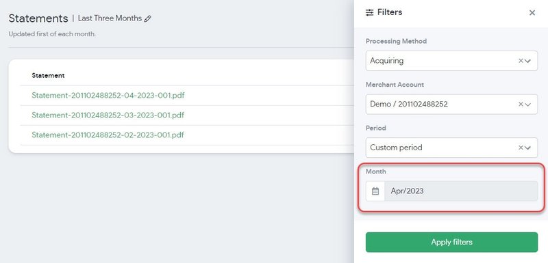 Statements page listing monthly statement PDFs with the filters panel open
