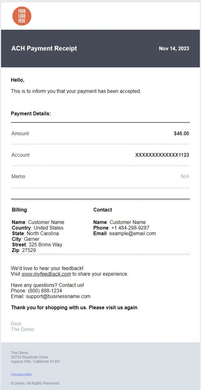 Example ACH payment receipt email with logo, payment details, billing and contact info, and custom message