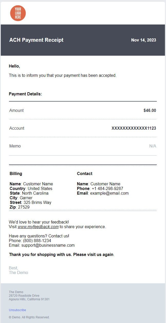 Example ACH payment receipt email with logo, payment details, billing and contact info, and custom message