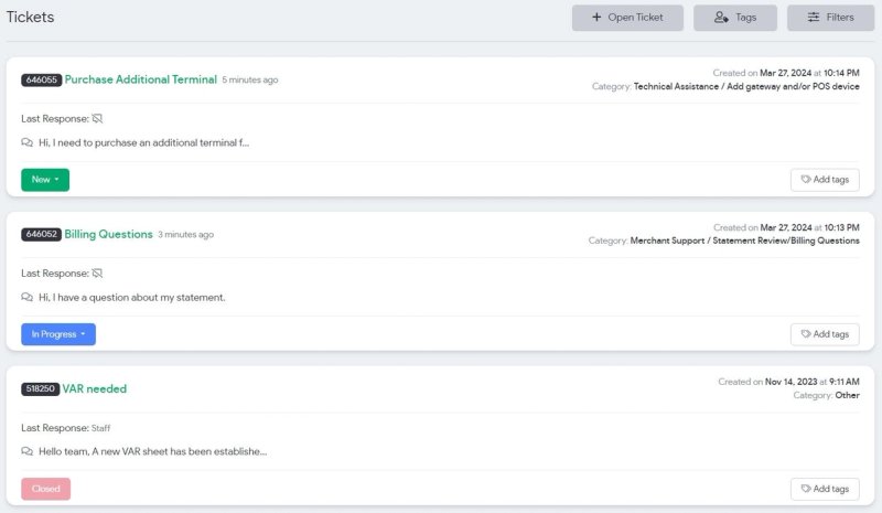 Tickets page with filters