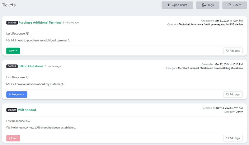 Tickets page with filters