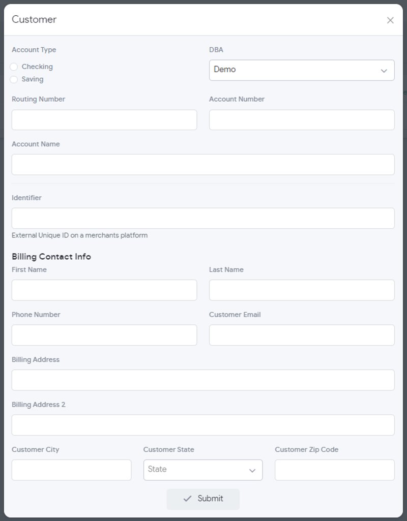New Customer form with account type, routing and account numbers, identifier and billing contact info