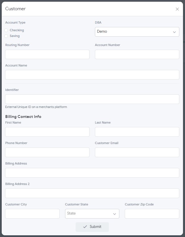 New Customer form with account type, routing and account numbers, identifier and billing contact info