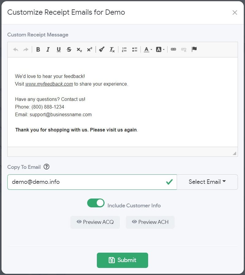Customize Receipt Emails dialog with custom message editor, copy-to email, customer info toggle and preview buttons