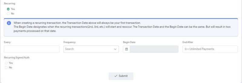 Recurring options showing frequency, begin date and end-after fields