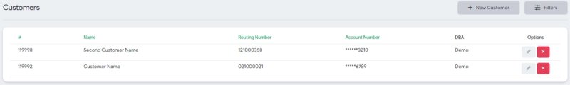 Customers list with routing and account numbers, edit and delete options