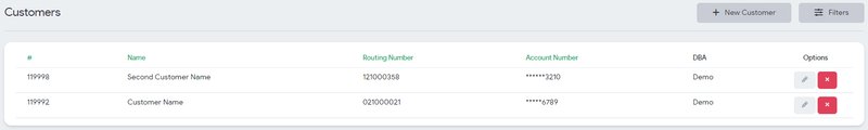 Customers list with routing and account numbers, edit and delete options