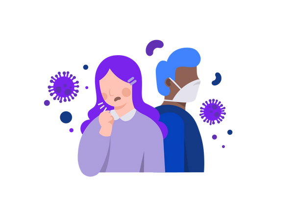 Two people next to each other, one wearing a mask and the other coughing, with viruses around them.