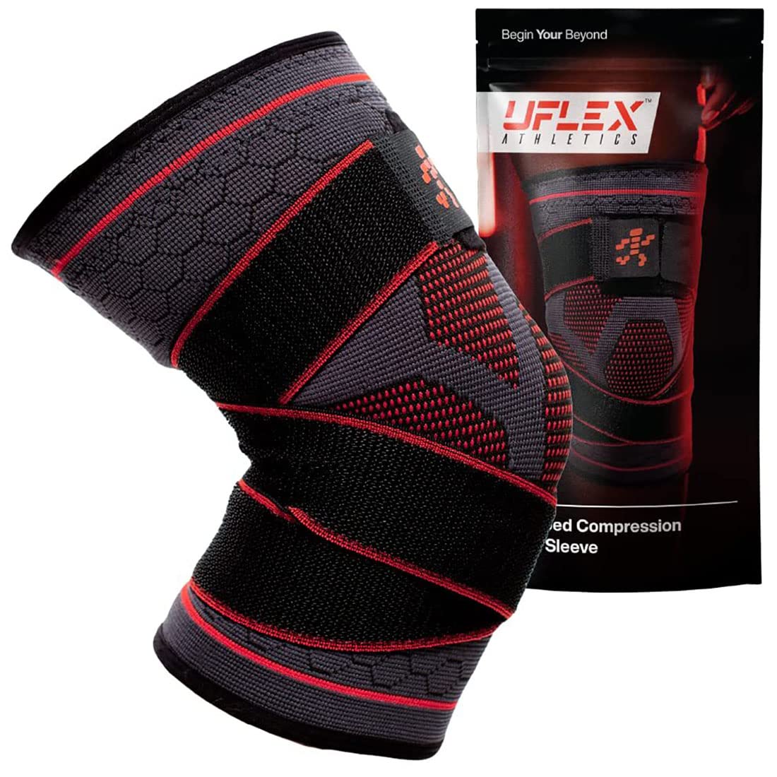 UFlex Knee Brace Compression Sleeve with Straps, Non Slip Running and Sports Support Braces for Men and Women, Sports Safety in Basketball, Tennis - Pain & Discomfort Related to Meniscus Tear (Medium, 1 Pack)