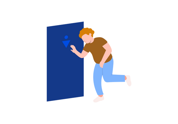 Uma ilustração de um homem correndo para a porta de um banheiro azul escuro. Ele segura a virilha com uma das mãos e coloca a outra na porta. Ele está vestindo jeans e uma camiseta marrom.