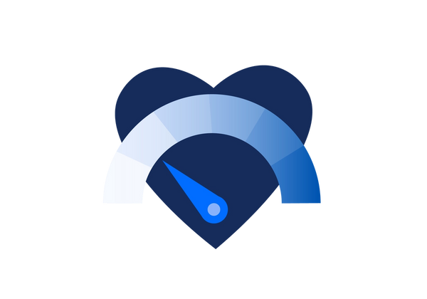Uma ilustração de um coração azul escuro com um indicador azul médio, como em um mostrador de pressão arterial. Um arco está sobre o coração com um gradiente de branco a azul da esquerda para a direita.