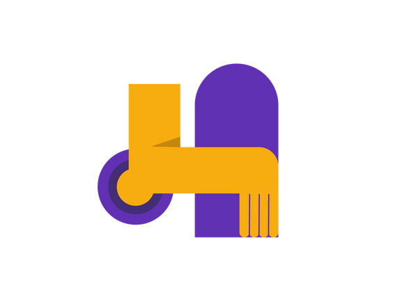 A bent yellow elbow with a bump. Purple circles radiate from the bump, and a purple arch is underneath the hand.