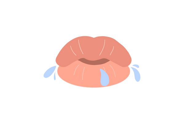 An illustration of a pair of pink pursed lips. Light blue drops of saliva come out of the mouth. The top lip is slightly darker than the bottom.