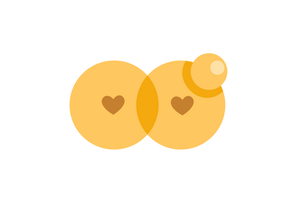Dois seios amarelos sobrepostos com mamilos marrons em formato de coração. A mama direita apresenta um caroço que emana três linhas brancas.
