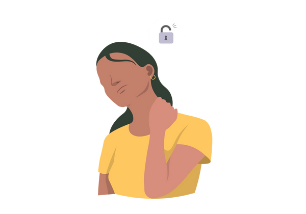 An illustration of a frowning woman tilting her neck slightly back and to the side. She holds her neck with one hand. A speech bubble comes from her neck area, with a lock inside of it. She has long brown hair and is wearing gold hoop earrings and a yellow short-sleeved t-shirt.