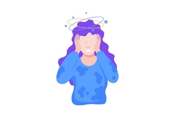 An illustration of a grimacing woman from the waist up holding her head in her hands. There are blue and yellow ovals and stars above her head showing dizziness. She has light peach toned skin, long, curly purple hair, and is wearing a medium blue cowprint shirt.